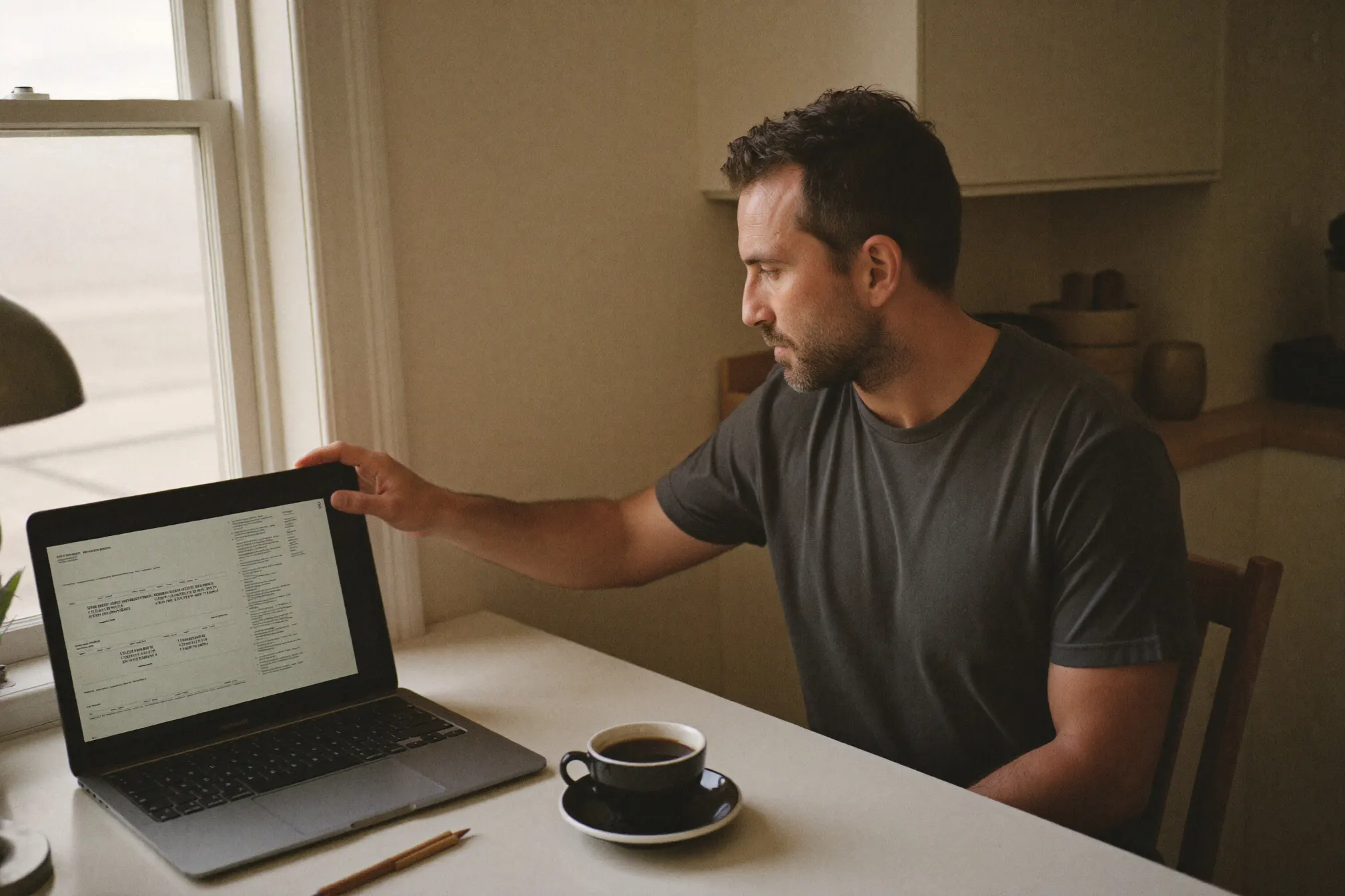 A man reviewing his lab report at a kitchen table.