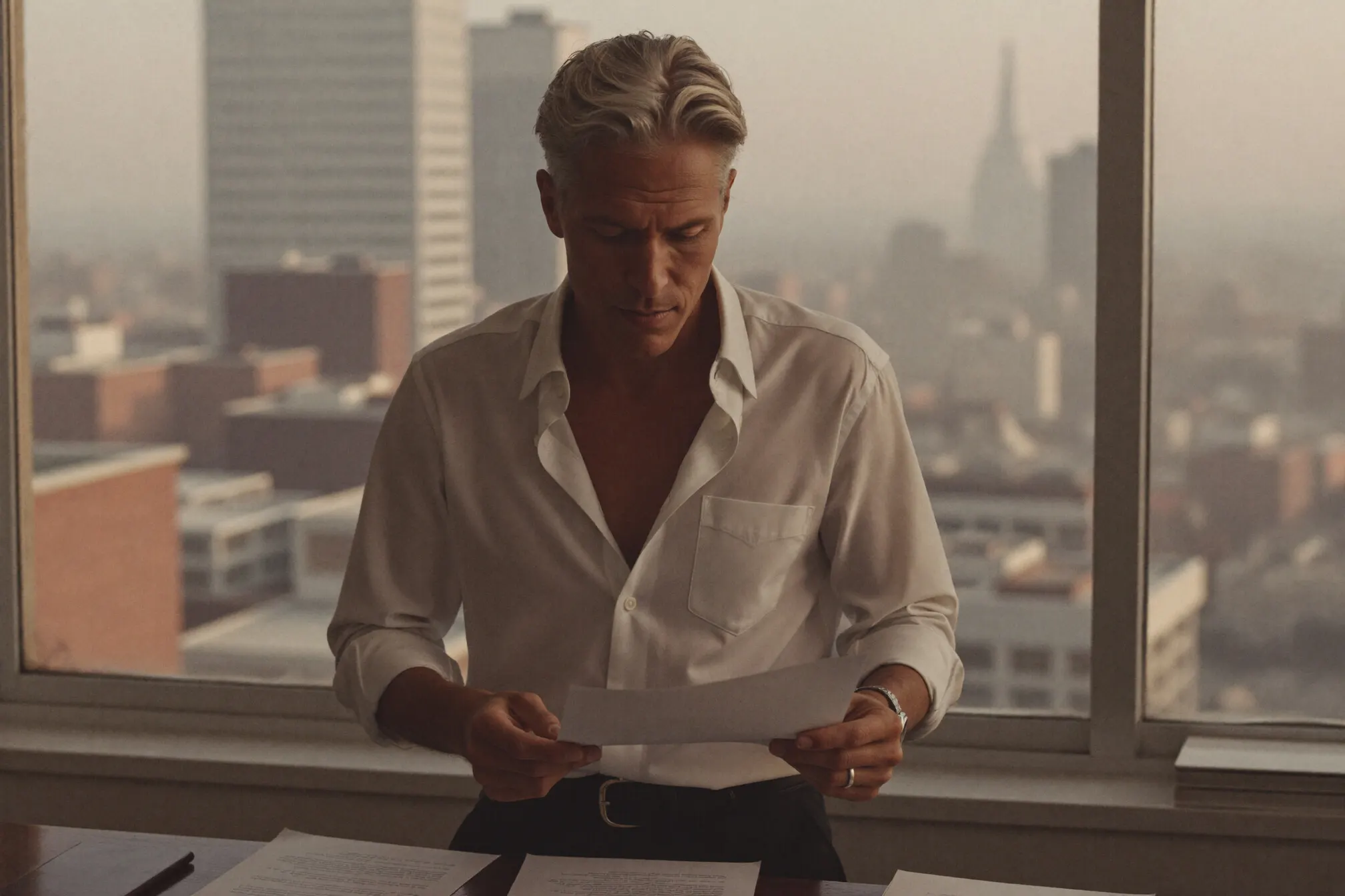 An adult reviewing notes at a desk by a window.
