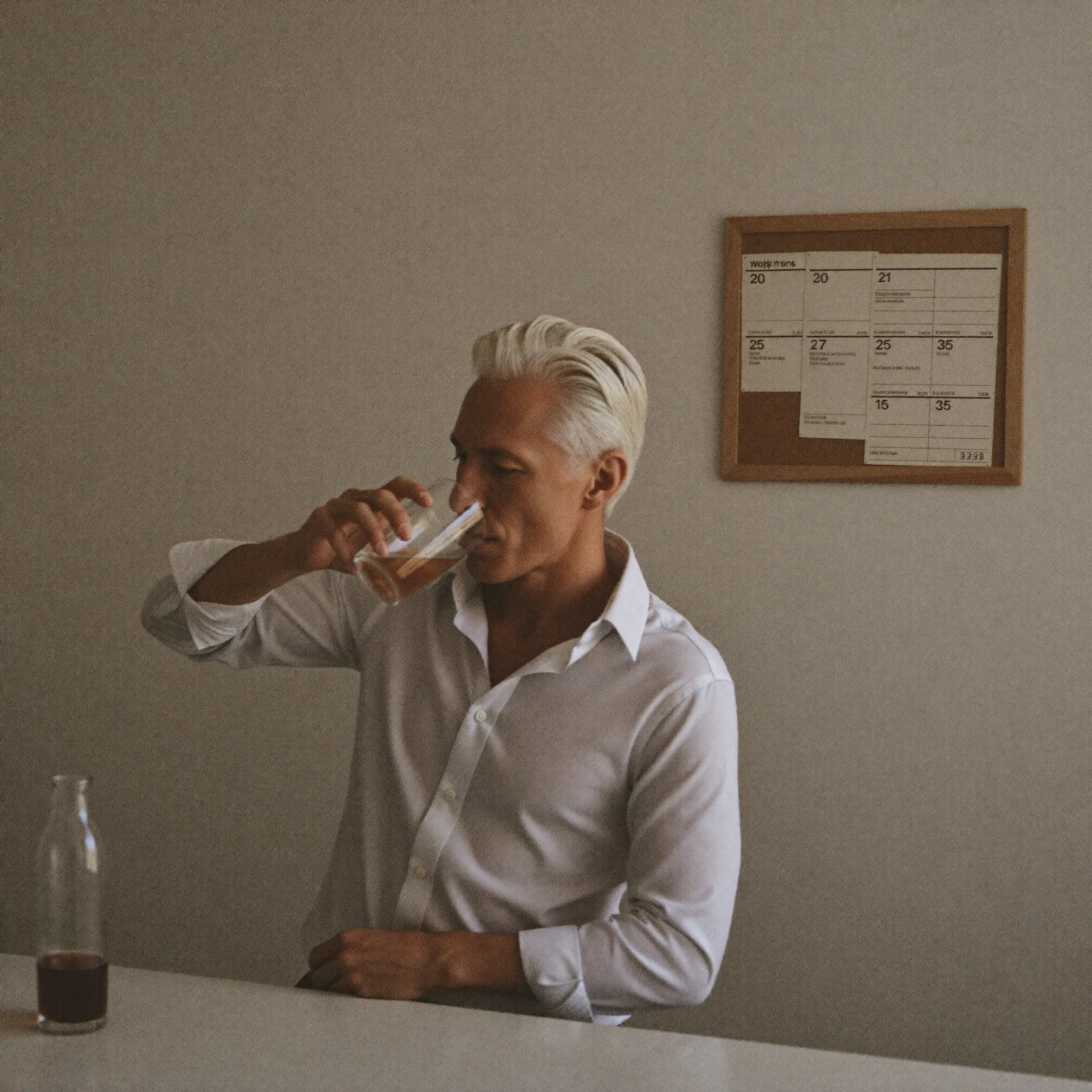 A man filling a glass of water at his kitchen counter in the morning.
