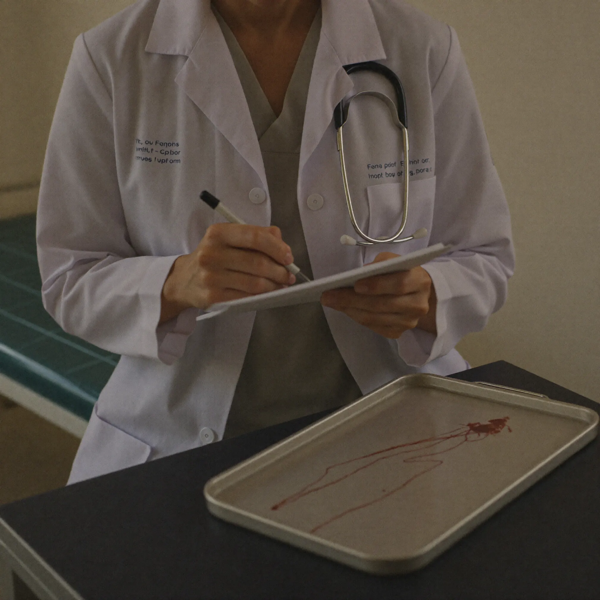 A provider's hands recording information on a clipboard.