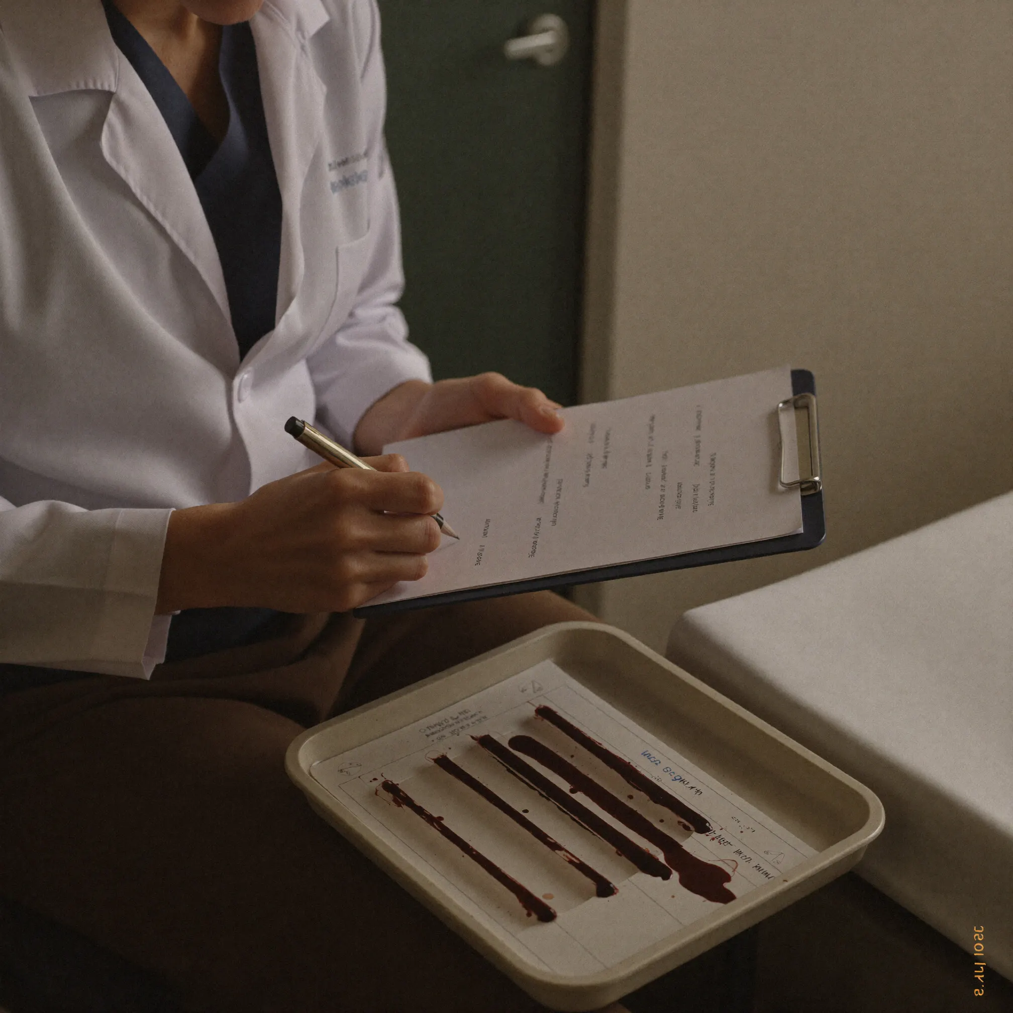 A provider's hands reviewing a bloodwork record.