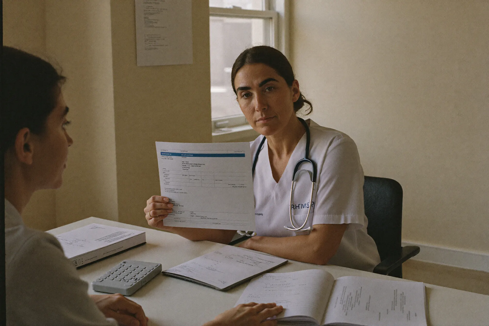 A provider reviewing a lab report across a desk.
